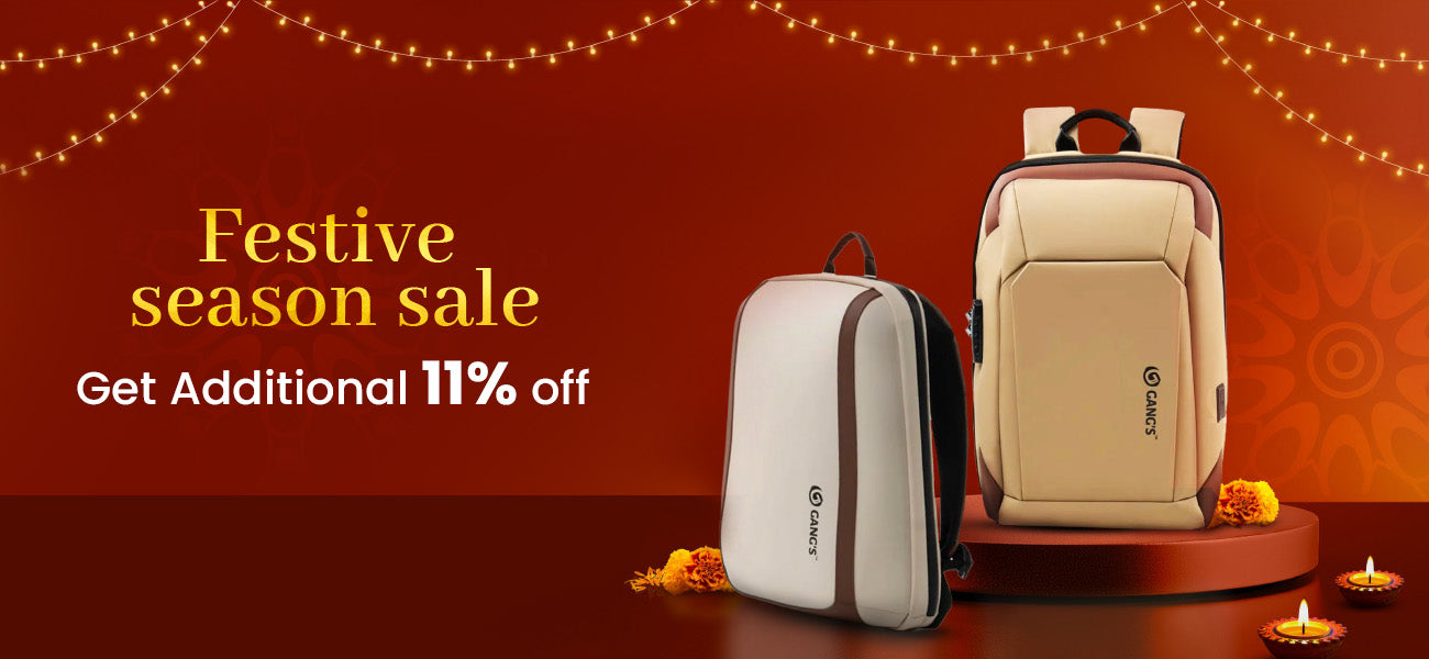 Two backpacks in beige and white colors displayed for a festive season sale promotion