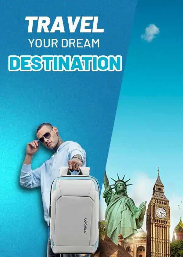 Travel advertisement poster featuring a backpack with iconic landmarks like the Statue of Liberty and Big Ben