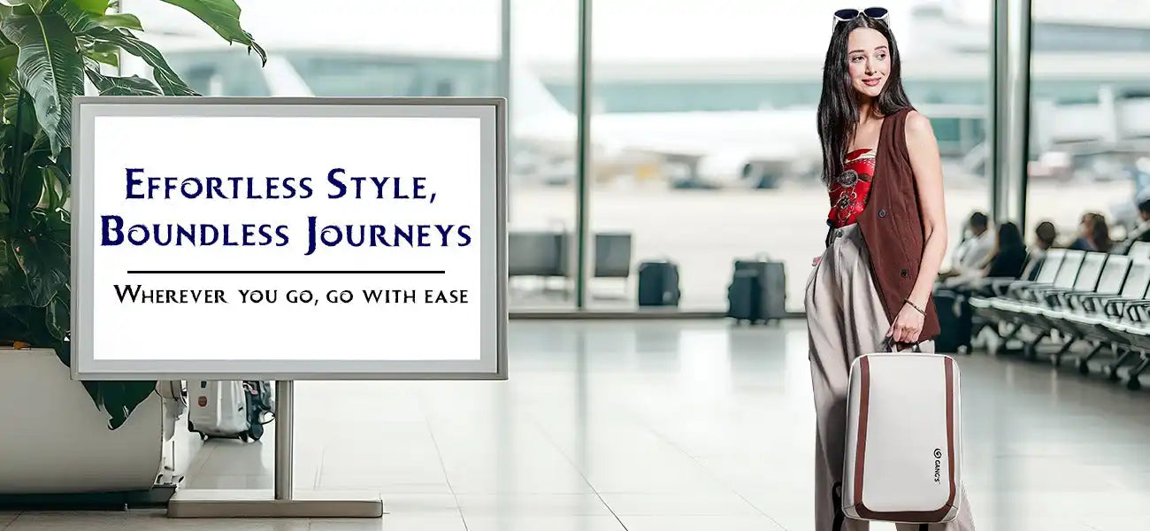 A person in a red dress standing with luggage at what appears to be an airport terminal.